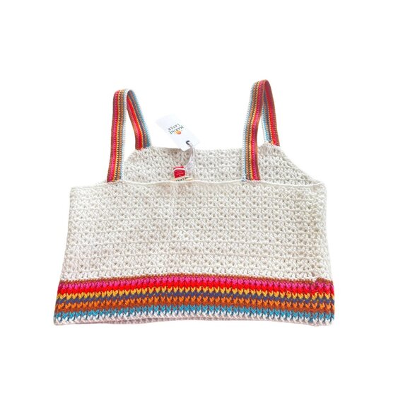 NWT Marine Layer $118 Crochet Crop Top W's XS Caro Tank White Rainbow Trim - Picture 16 of 16